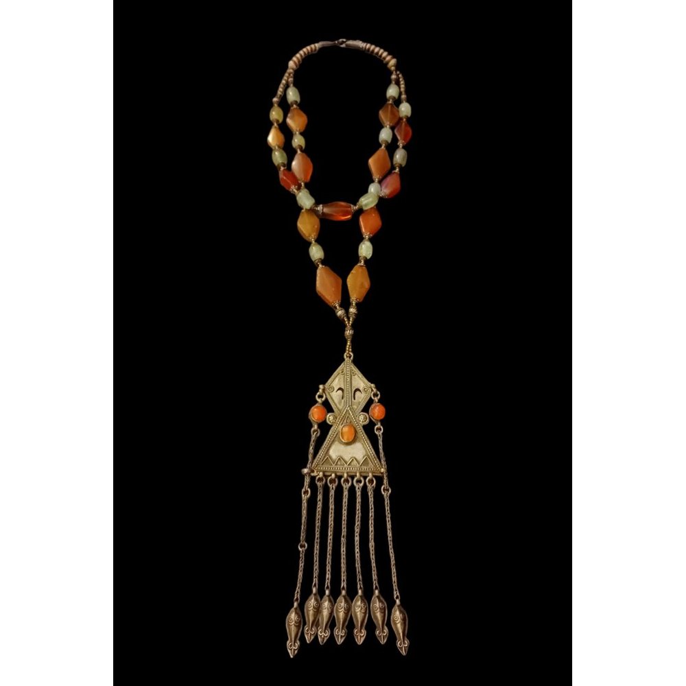 Antique 19th Century Persian Nomad Silver Pendant Double Layered Stone Chain
